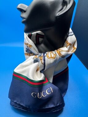 Gucci Navy, White & Green-Red Stripe Silk Scarf with Gold Motif